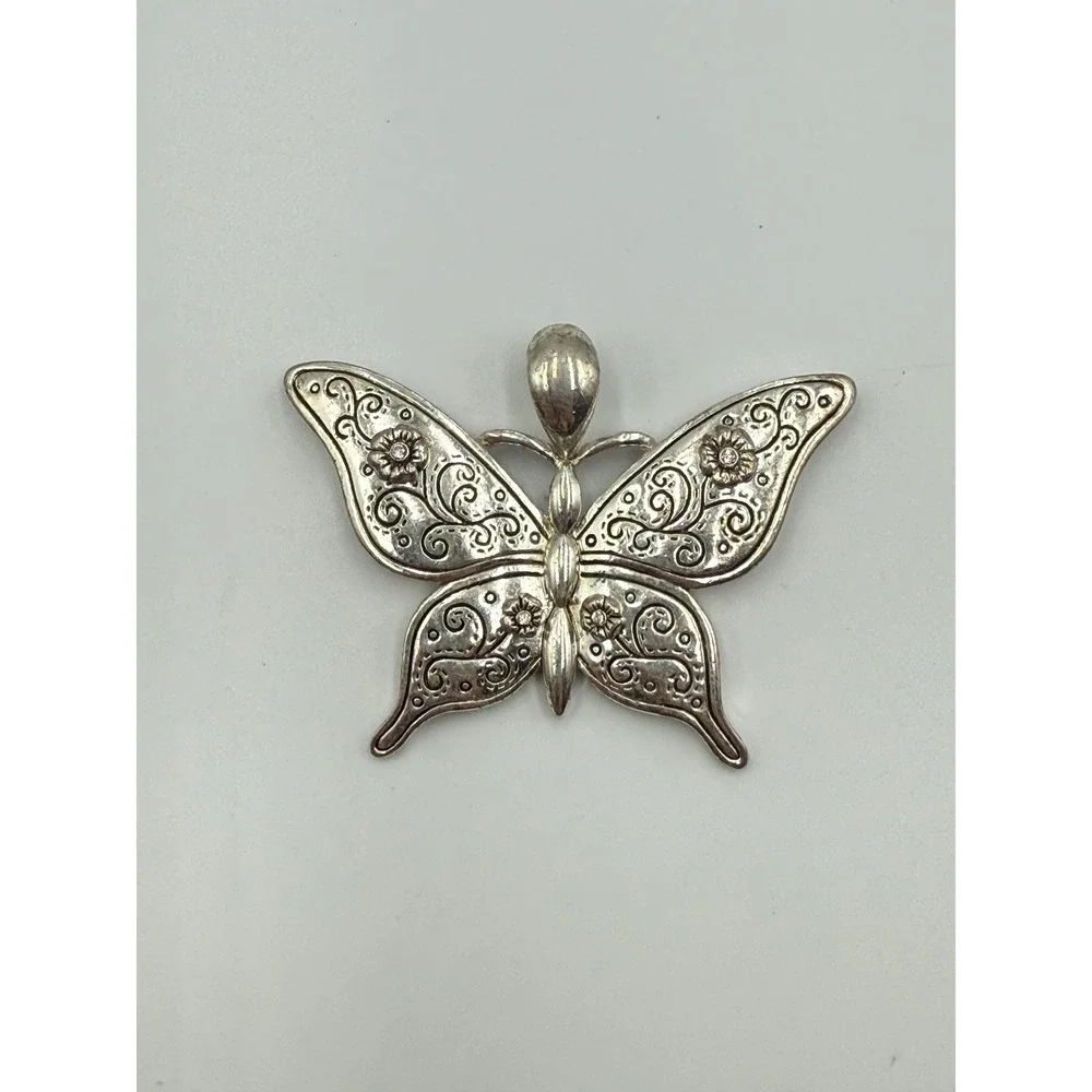 Vintage Silver Tone Butterfly Brooch Filigree Floral Etched Rhinestone‎ Accents